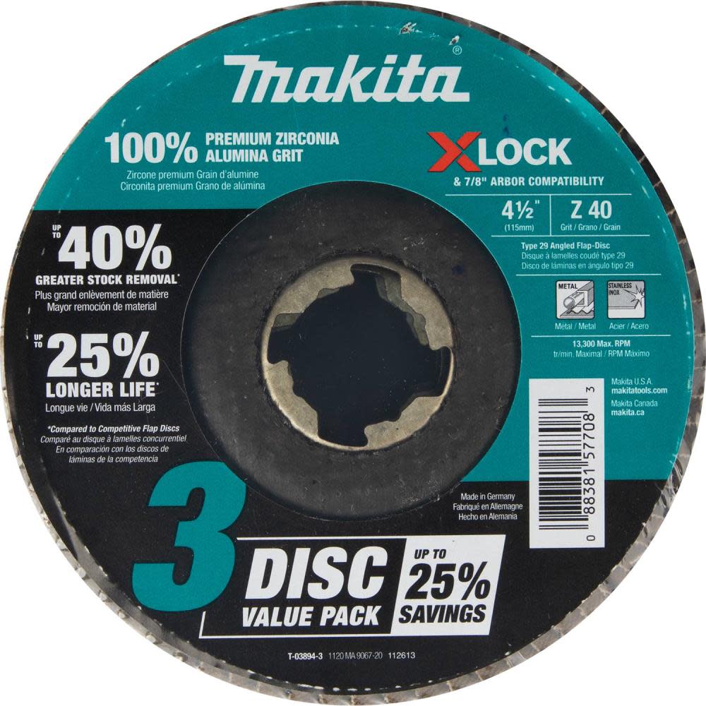Makita X-LOCK 4 1/2″ Angled Grinding and Polishing Flap Disc for X-LOCK and All 7/8″ Arbor Grinders 40 Grit Type 29 3pk - Ascmtools