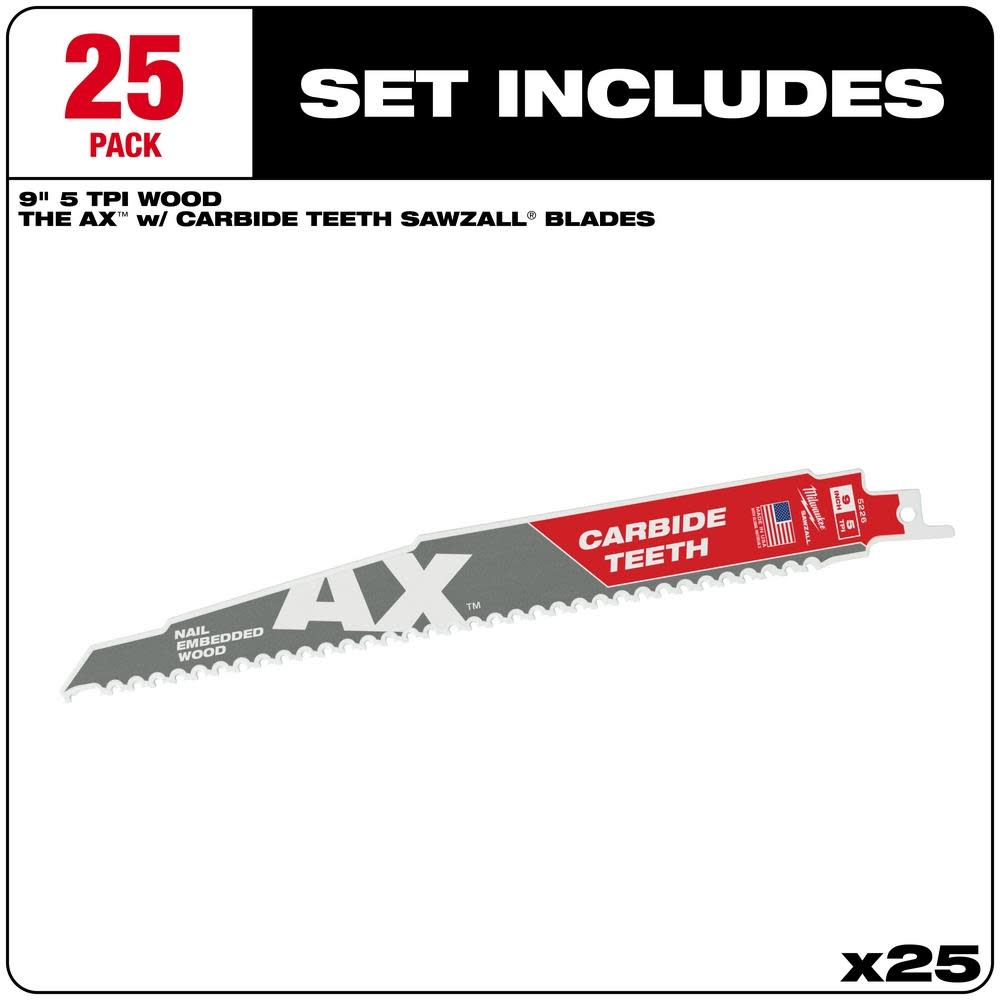 Milwaukee 9″5 TPI The AX(TM) with Carbide Teeth SAWZALL(R) Blade 25PK - Ascmtools