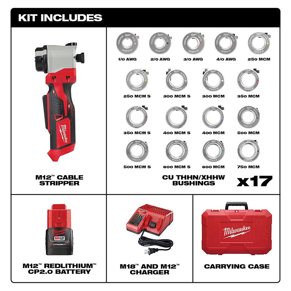 Milwaukee M12 Cable Stripper Kit with 17 Cu THHN / XHHW Bushings - Ascmtools