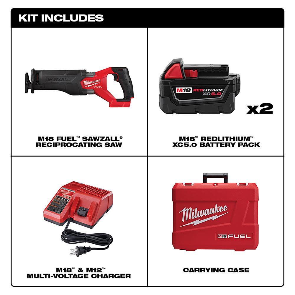 Milwaukee M18 FUEL SAWZALL Reciprocating Saw – 2 Battery XC5.0 Kit - Ascmtools