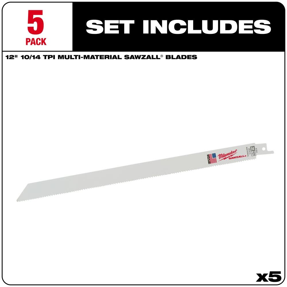 Milwaukee 12 in. 10/14 TPI SAWZALL Blades 5PK - Ascmtools