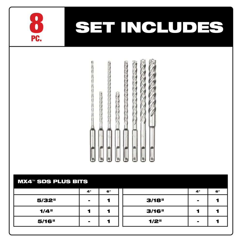 Milwaukee SDS Plus MX4 4 Cutter Drill Bit Kit 8pc - Ascmtools