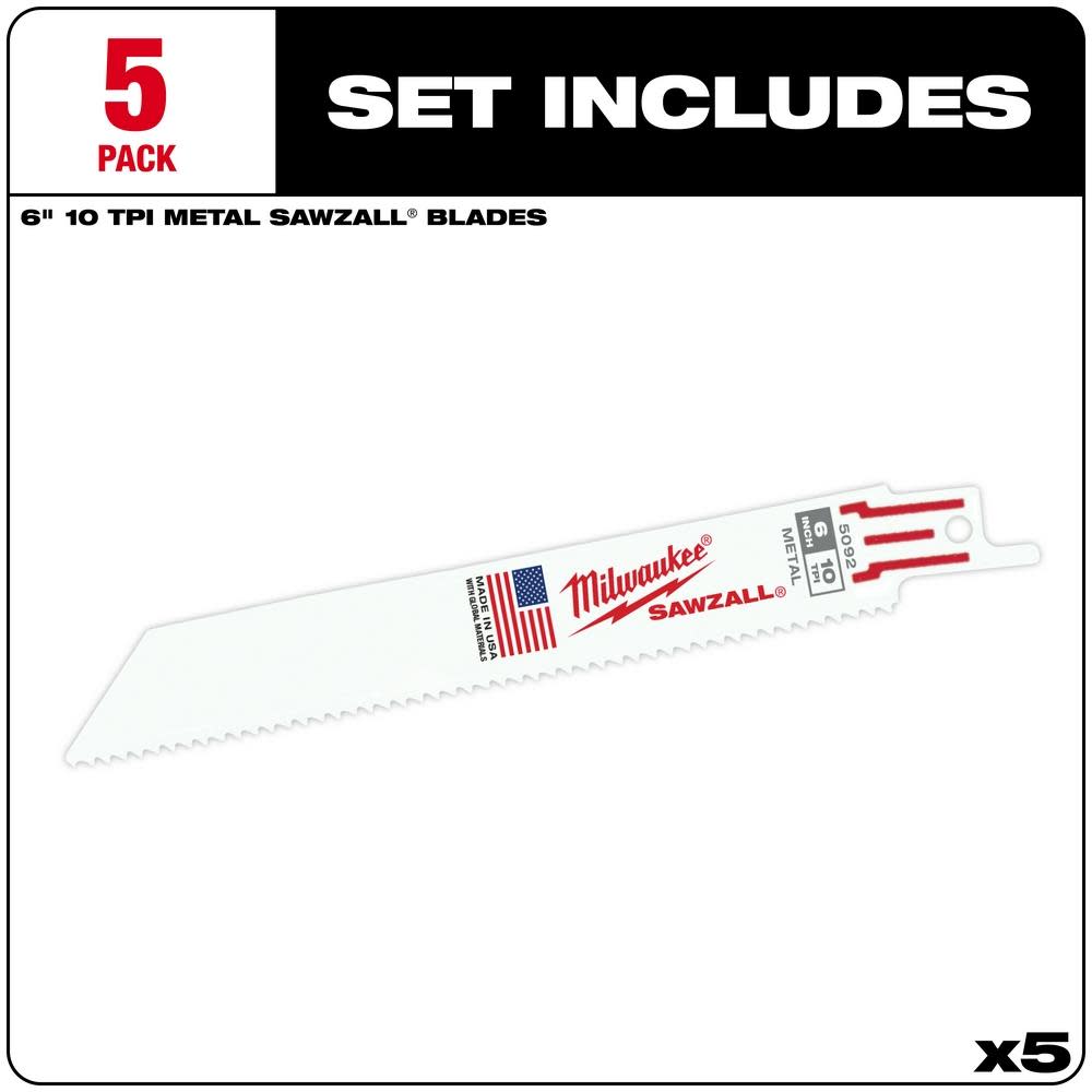 Milwaukee 6 in. 10 TPI Thin Kerf SAWZALL Blades 5PK - Ascmtools