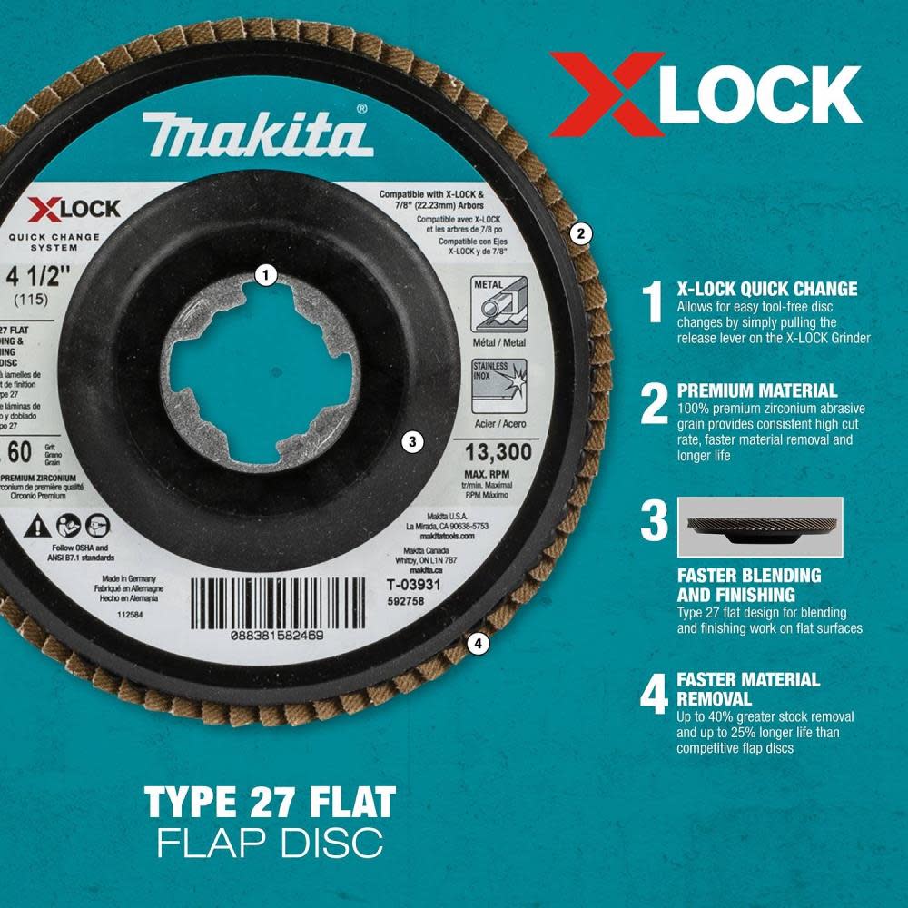 Makita X-LOCK 41/2″ 60 Grit Type 29 Angled Grinding and Polishing Flap Disc for X-LOCK and All 7/8″ Arbor Grinders - Ascmtools