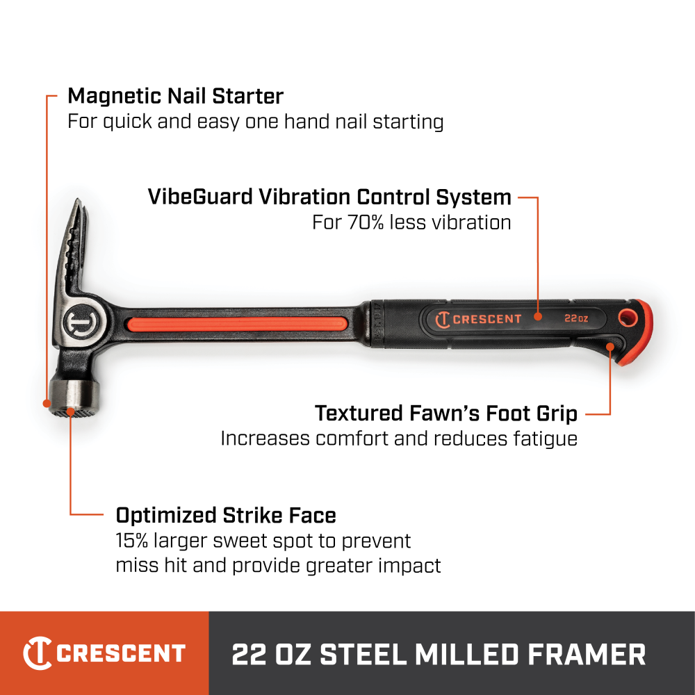 Crescent Framing Hammer 22oz Steel Milled Face - Ascmtools