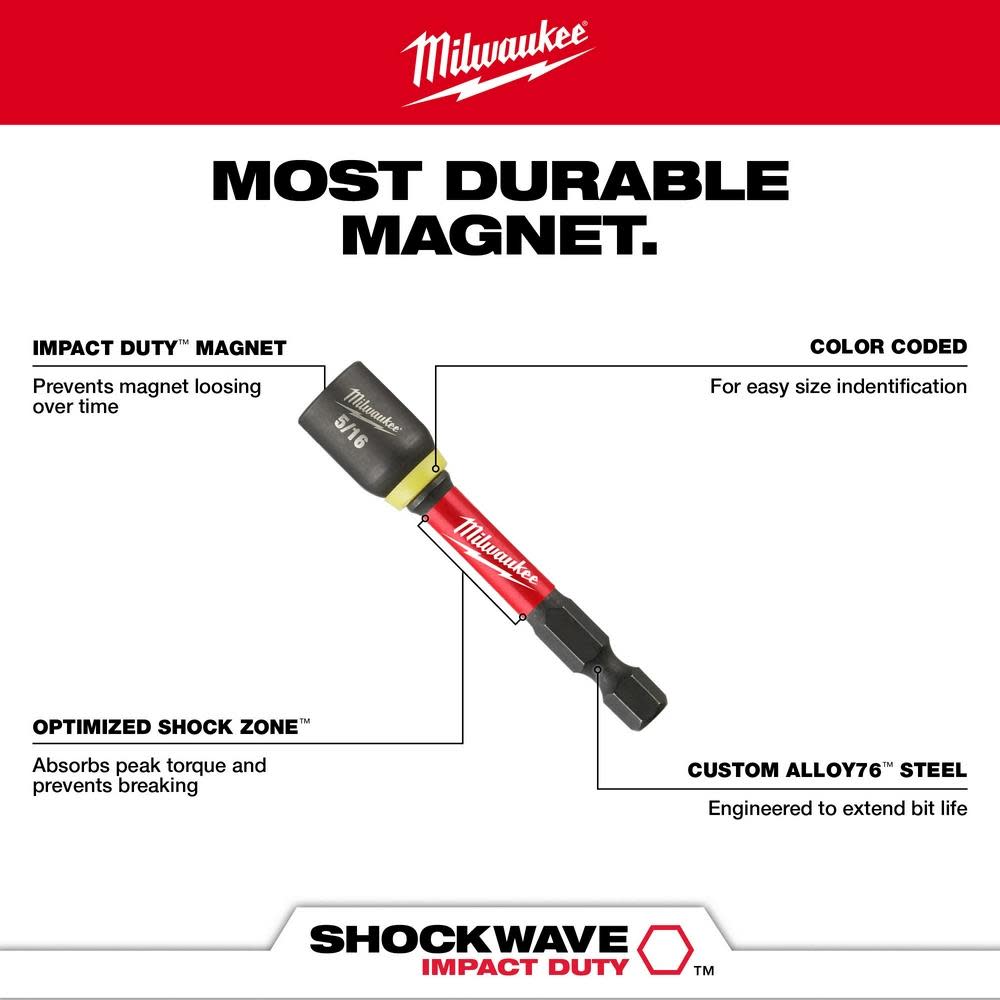 Milwaukee SHOCKWAVE Impact Duty 5/16 x 2 9/16″ Magnetic Nut Driver 10pk - Ascmtools