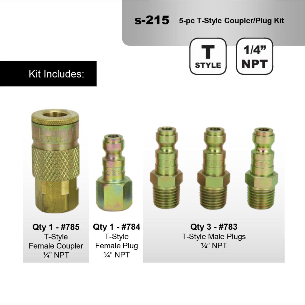 Milton 215 1/4″ NPT T Style Coupler and Plug – 5 Pieces - Ascmtools