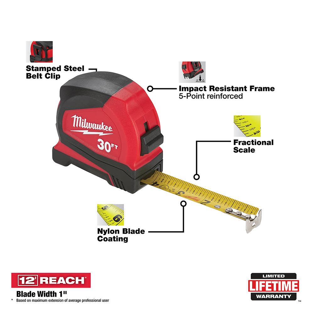 Milwaukee 30 ft. Compact Tape Measure - Ascmtools