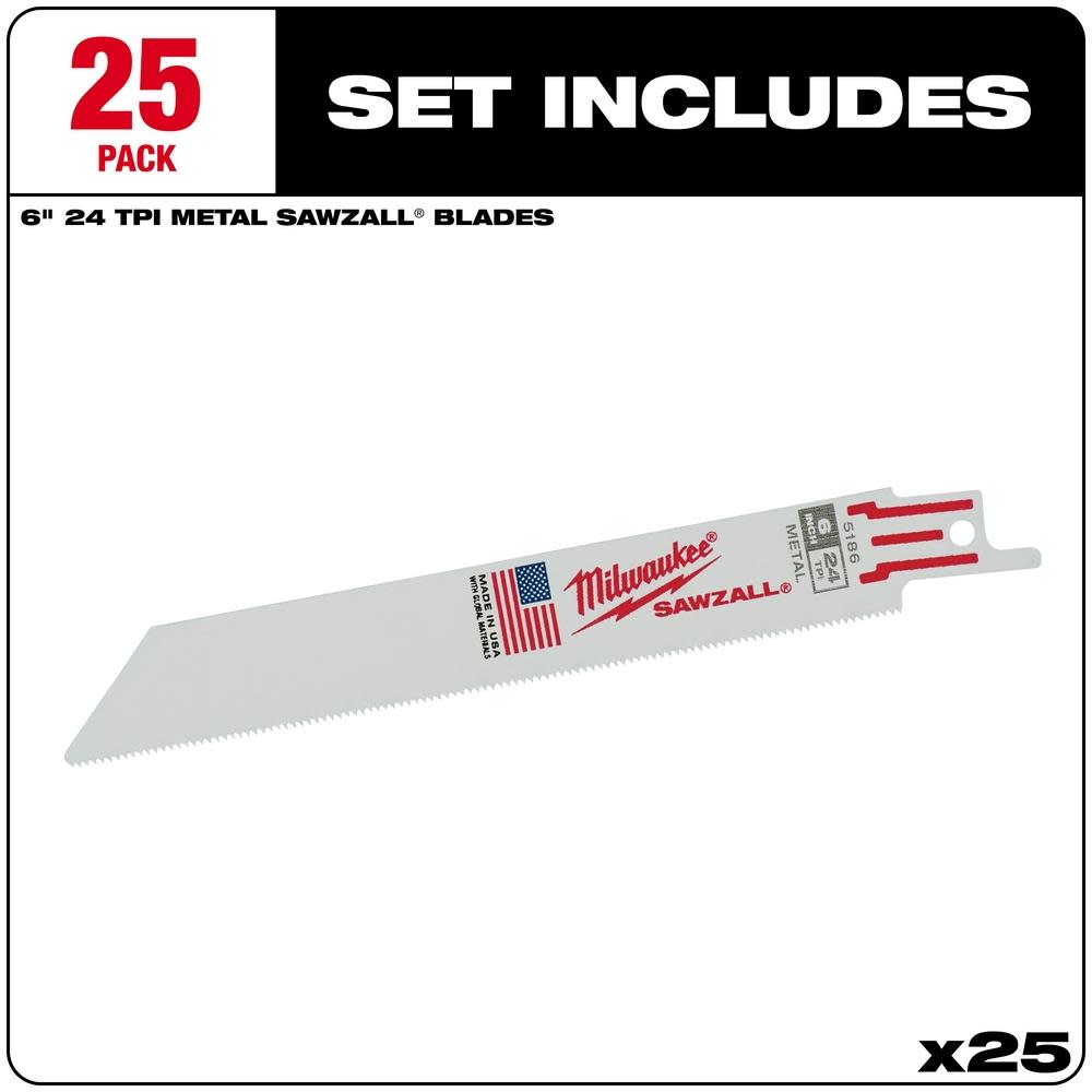 Milwaukee 6 in. 24 TPI Thin Kerf SAWZALL Blades 25PK - Ascmtools