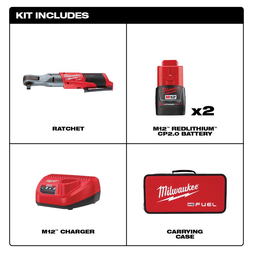 Milwaukee M12 FUEL 1/2 in. Ratchet 2 Battery Kit - Ascmtools