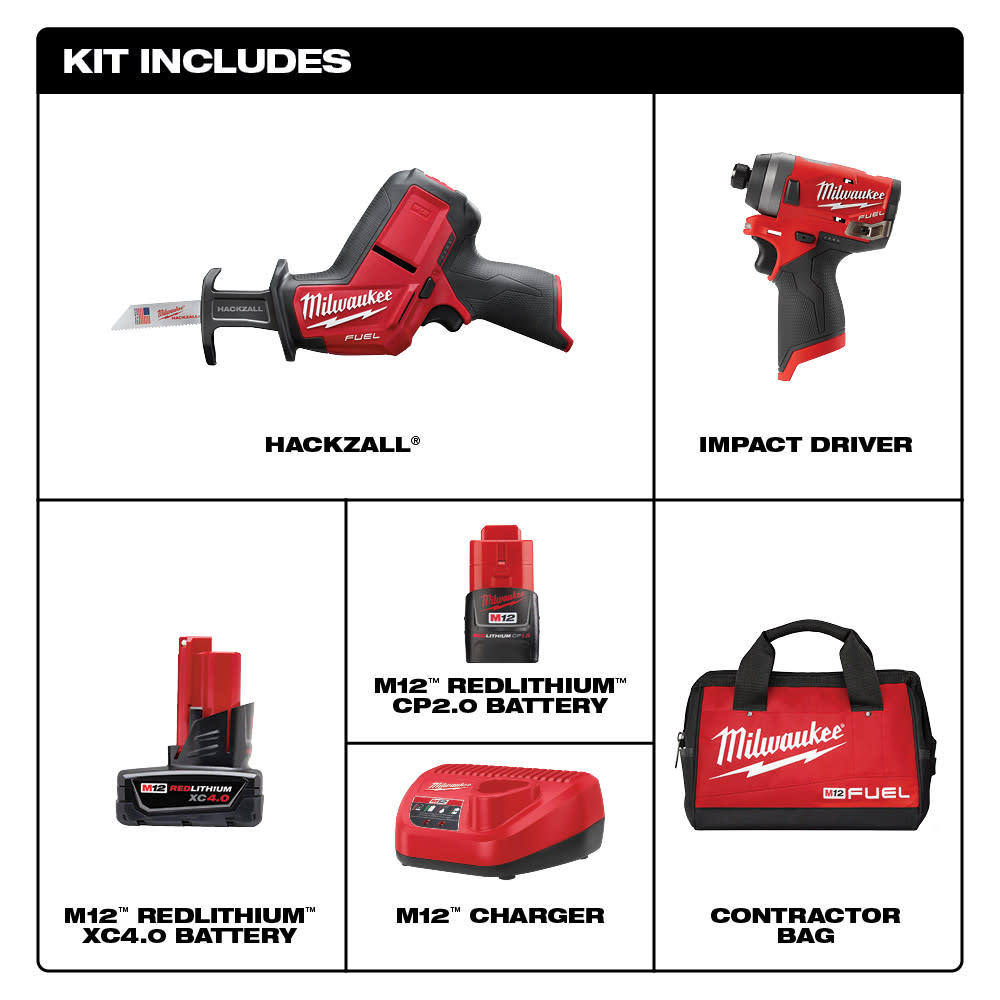 Milwaukee M12 FUEL 2PC Impact Kit with Hackzall - Ascmtools