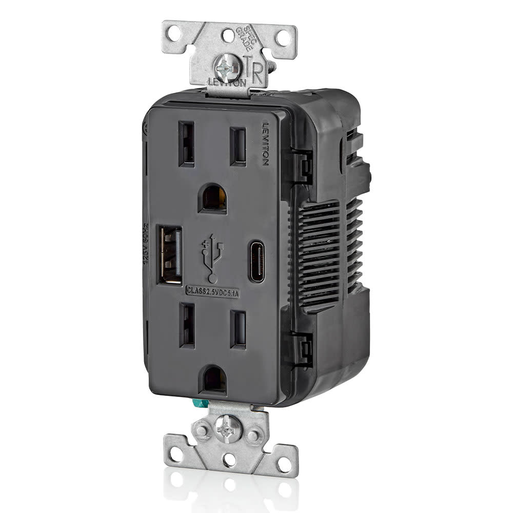 Leviton 15A 125V 5-15R Black Outlet with USB Type A/C Charger - Ascmtools