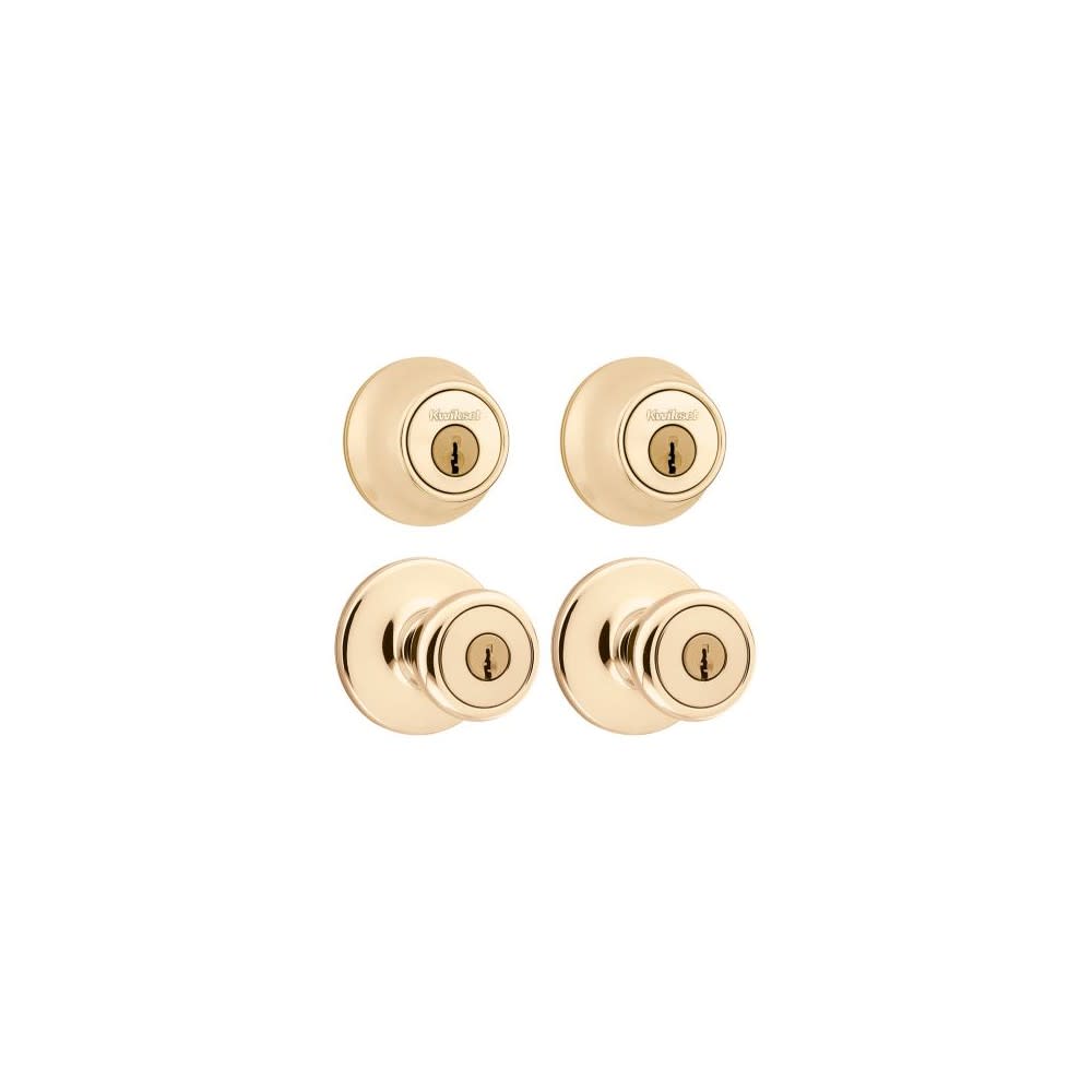 Kwikset Polished Brass Tylo Knob Entry Lockset & Single Cylinder Deadbolt - Ascmtools
