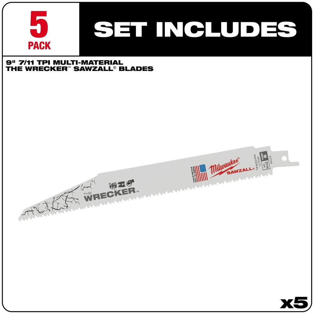 Milwaukee The Wrecker Multi-Material SAWZALL Blade 9 In. 7/11TPI 5 pk - Ascmtools