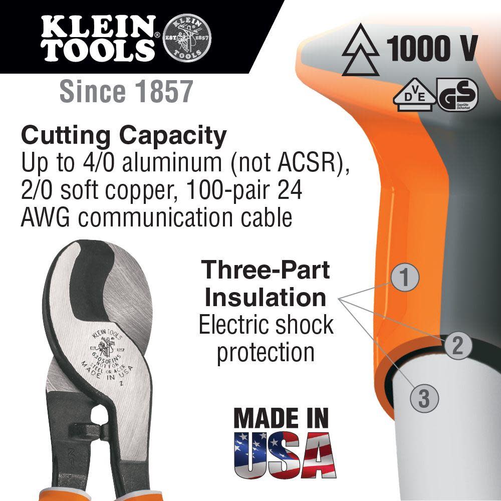 Klein Tools Electricians Cable Cutter Insulated - Ascmtools
