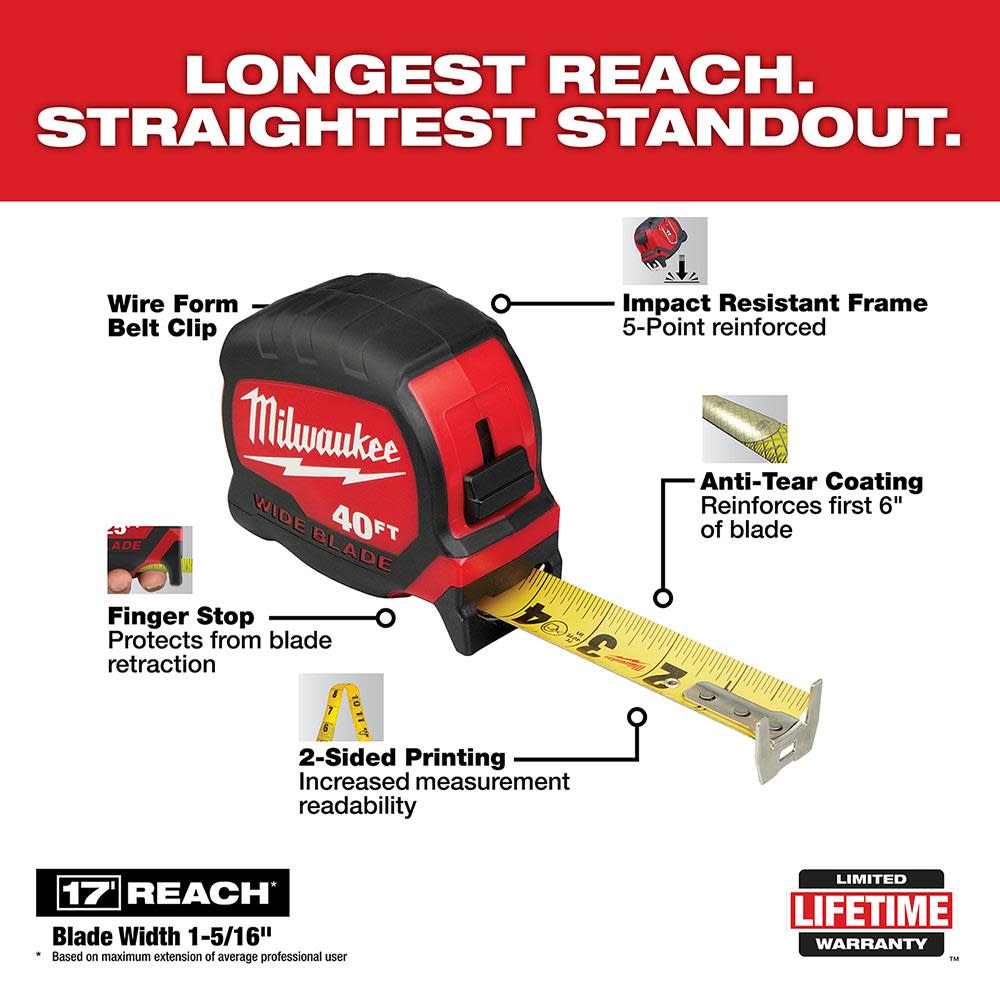 Milwaukee 40Ft Wide Blade Tape Measure - Ascmtools