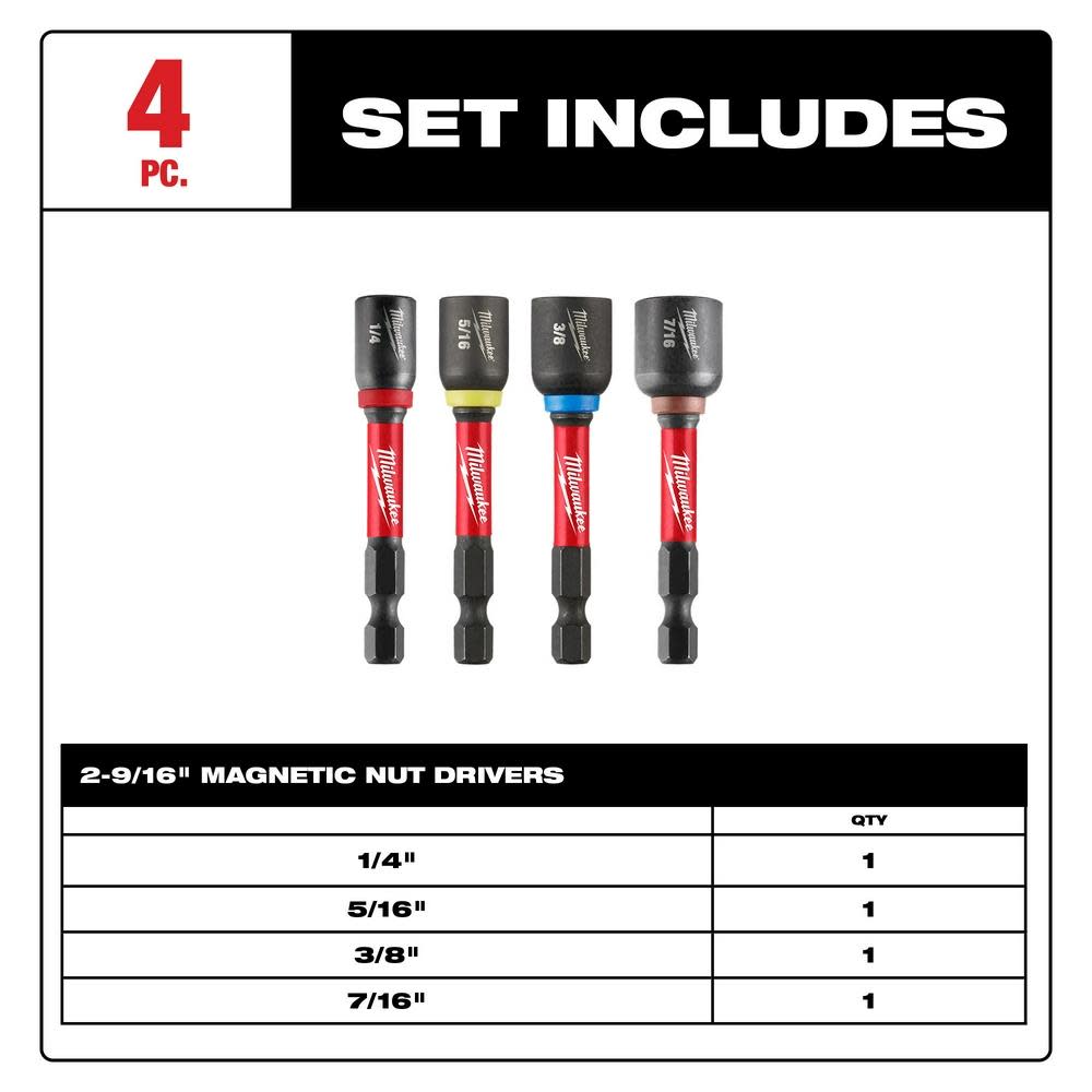 Milwaukee SHOCKWAVE Impact Duty 2 9/16 Magnetic Nut Driver Set 4pc - Ascmtools