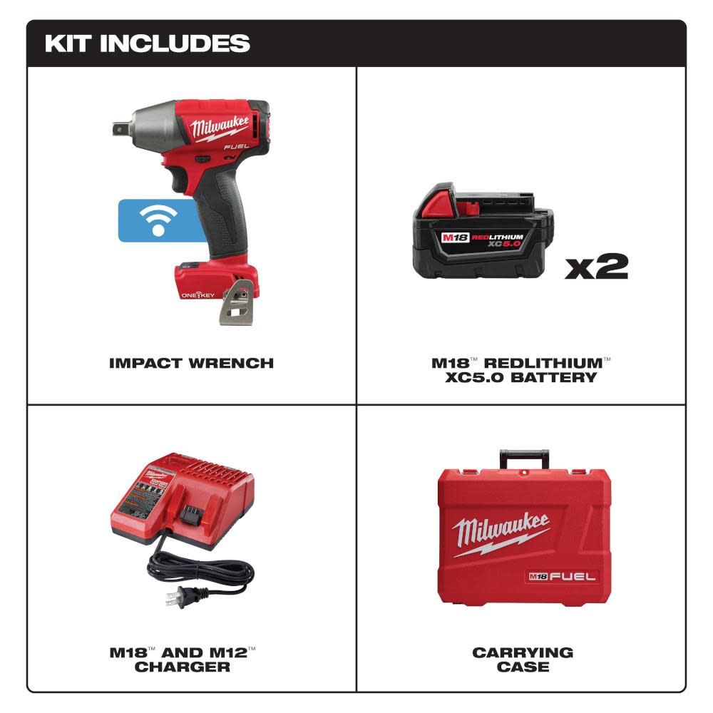 Milwaukee M18 FUEL 1/2 in. Compact Impact Wrench with Pin Detent with ONE-KEY Kit - Ascmtools
