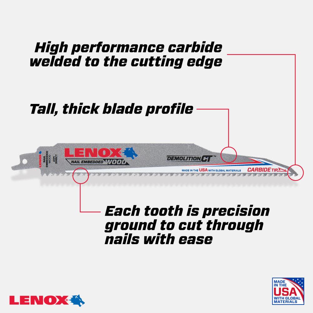 Lenox Reciprocating Saw Blades Demolition CT 9″ 6 TPI Wood/Nail Embedded Cutting 3pk - Ascmtools