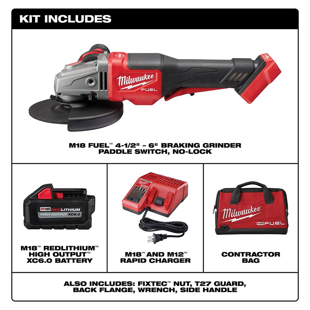 Milwaukee M18 FUEL 4-1/2 in.-6 in. No Lock Braking Grinder with Paddle Switch Kit - Ascmtools