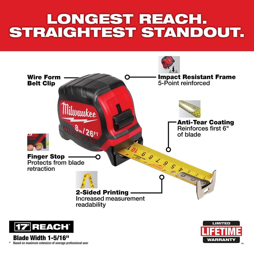Milwaukee 8M/26Ft Wide Blade Tape Measure - Ascmtools