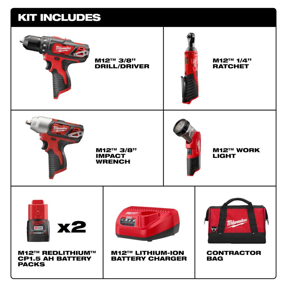 Milwaukee M12 Cordless Lithium-Ion 4 Tool Combo Kit - Ascmtools
