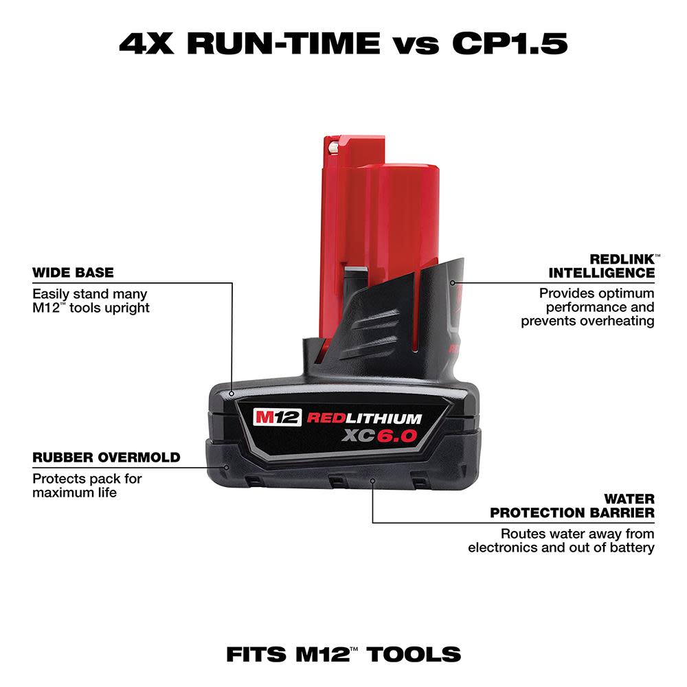 Milwaukee M12 REDLITHIUM XC 6.0Ah Extended Capacity Battery Pack - Ascmtools