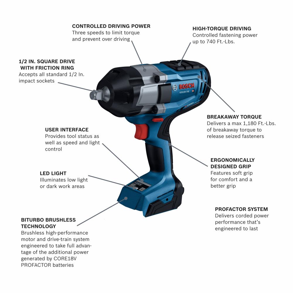 Bosch PROFACTOR 18V Impact Wrench 1/2″ with Friction Ring Bare Tool - Ascmtools