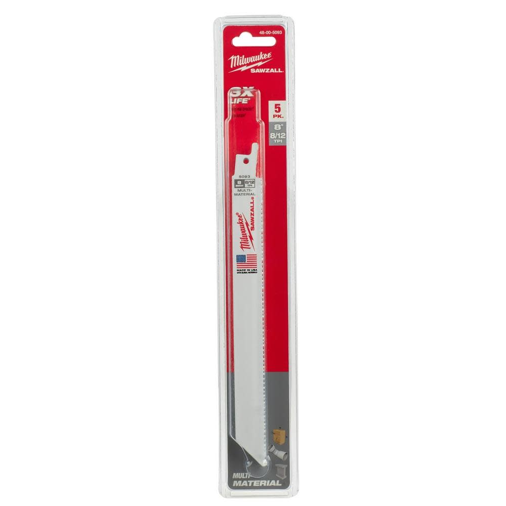 Milwaukee 8 in. 8/12 TPI SAWZALL Blades 5PK - Ascmtools