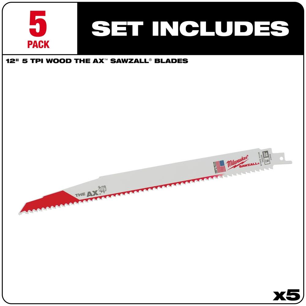 Milwaukee 12 in. 5 TPI The Ax SAWZALL Blade 5PK - Ascmtools