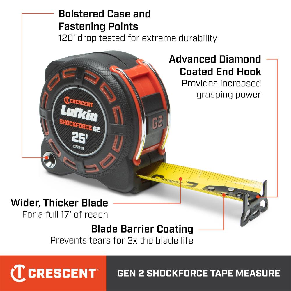 Crescent Lufkin Shockforce G2 Tape Measure 1 1/4″ x 25′ - Ascmtools