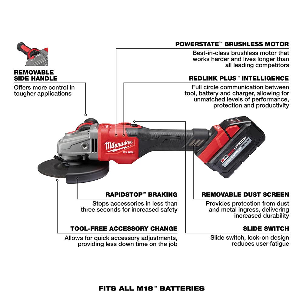 Milwaukee M18 FUEL 4-1/2 in.-6 in. Lock-On Braking Grinder with Slide Switch Kit - Ascmtools
