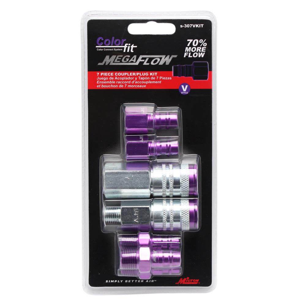 Milton ColorFit S-307VKIT HIGHFLOWPRO Coupler & Plug Kit (7 Piece) Hi-Flo V-Style 1/4″ NPT Purple - Ascmtools