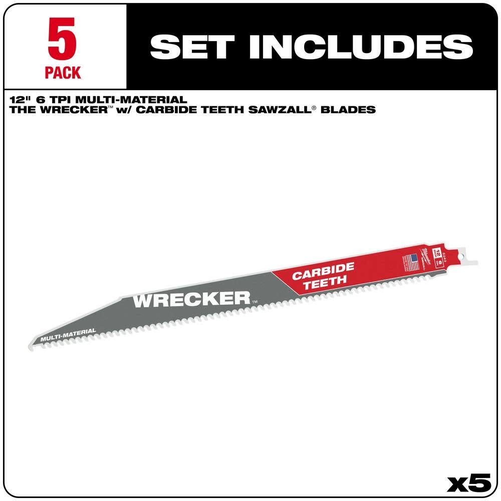 Milwaukee 12″ 6 TPI THE WRECKER with Carbide Teeth SAWZALL Blade 5PK - Ascmtools