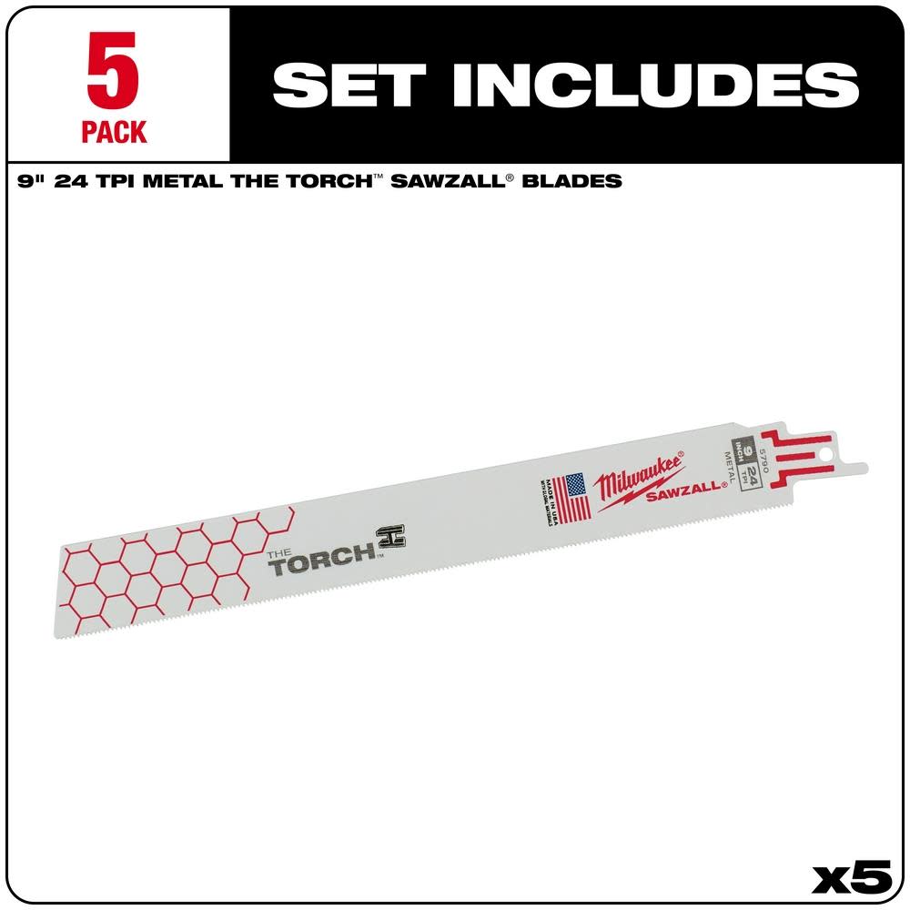 Milwaukee 9 in. 24 TPI THE TORCH SAWZALL Blades 5PK - Ascmtools