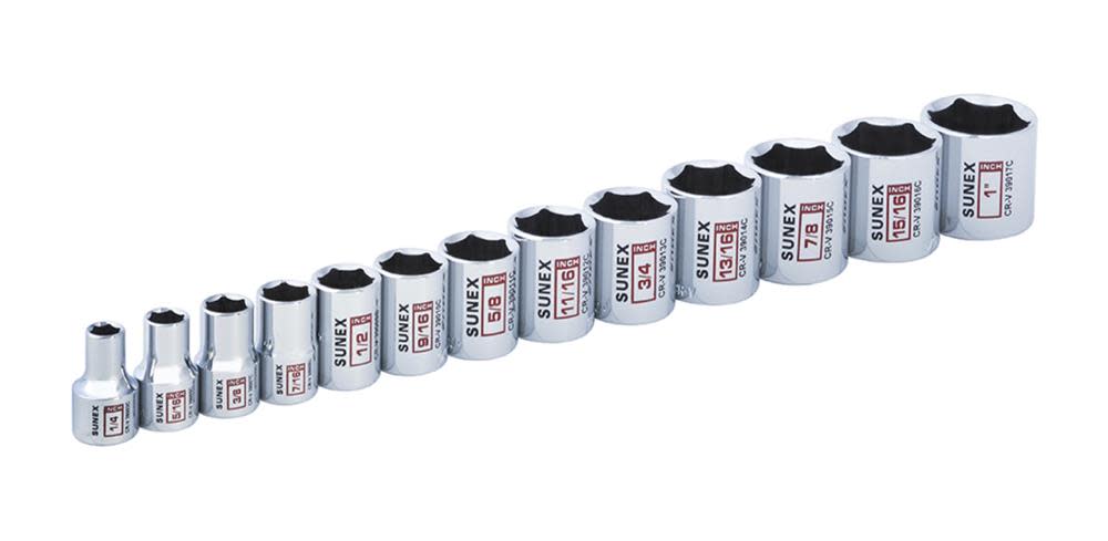 Sunex 3/8 In. Dr 6 Pt Standard SAE Socket Rail 13 Pc Set - Ascmtools