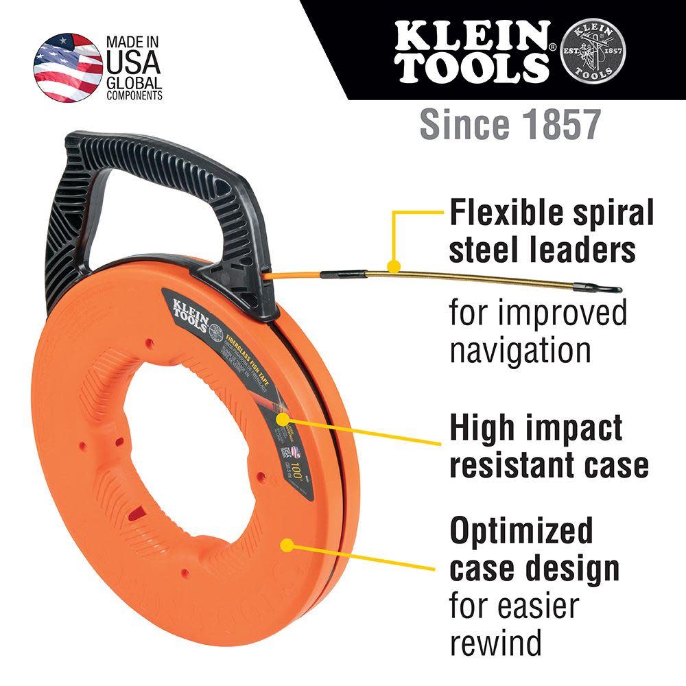 Klein Tools 100′ Fiberglass Fish Tape with Leader - Ascmtools