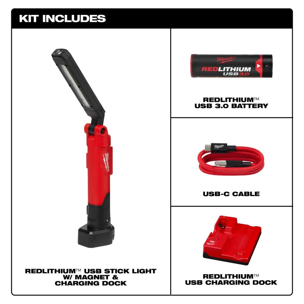 Milwaukee REDLITHIUM USB Stick Light with Magnet & Charging Dock - Ascmtools