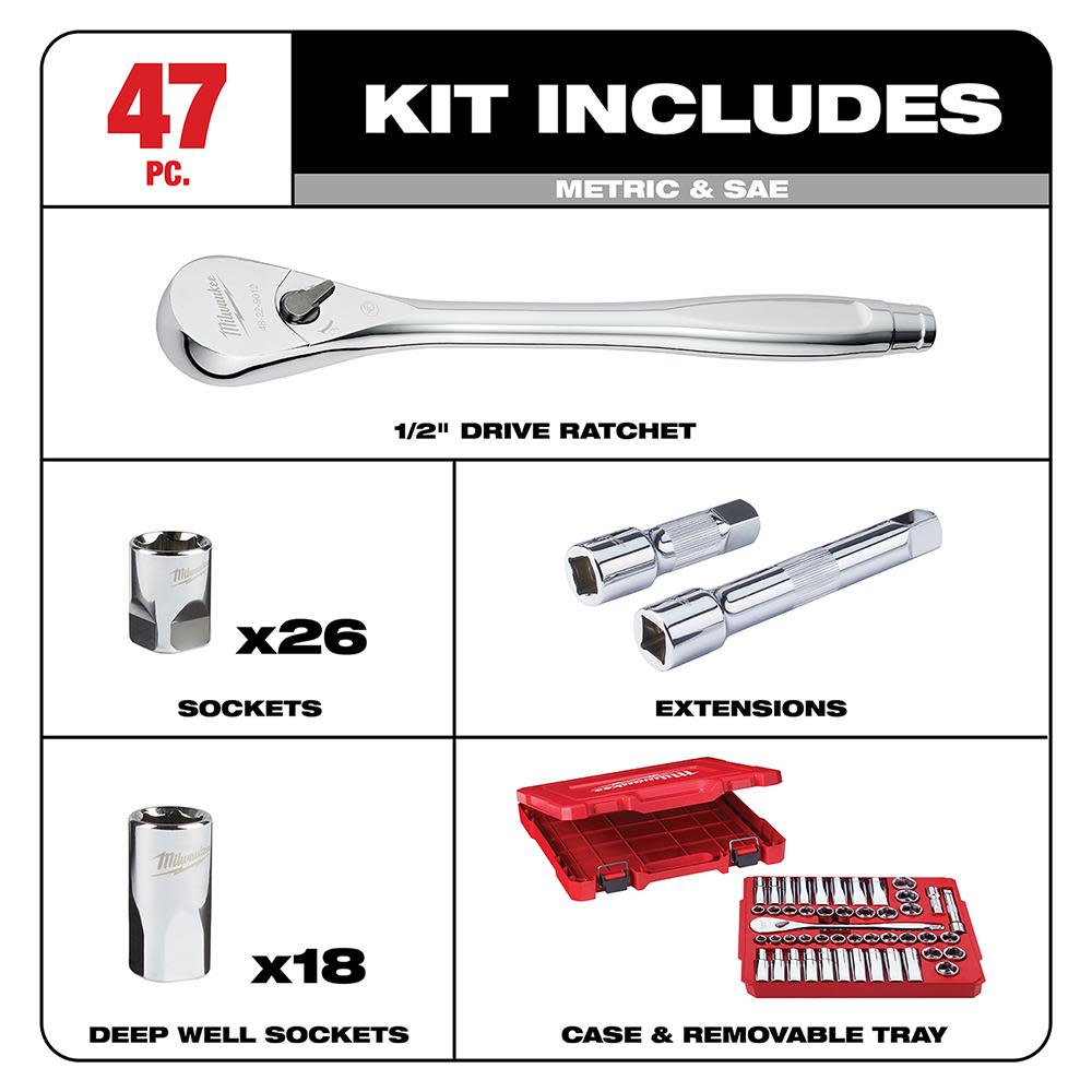 Milwaukee 47 pc. 1/2 in. Socket Wrench Set (SAE & Metric) - Ascmtools