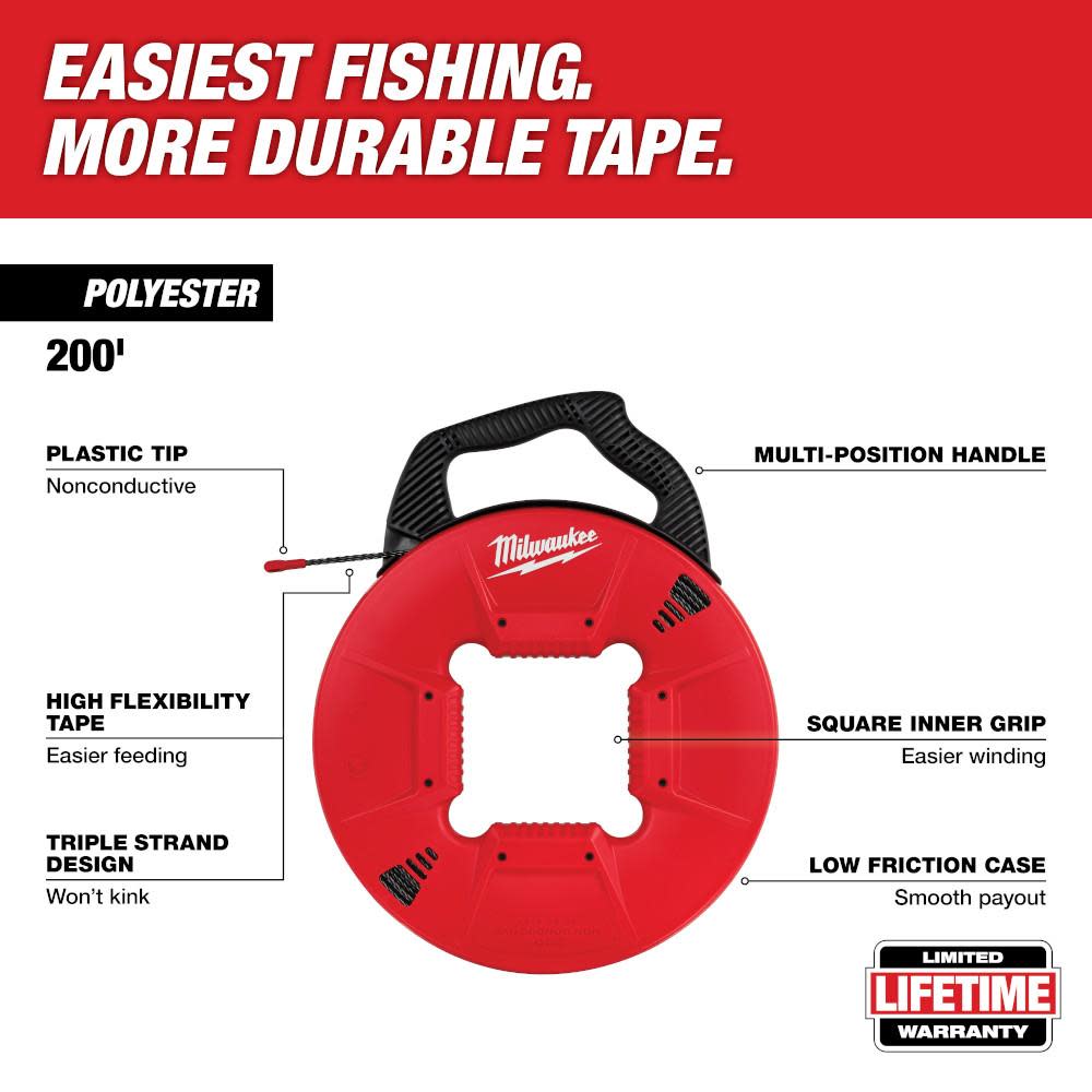 Milwaukee 200 Ft. Polyester Fish Tape with Non-Conductive Tip - Ascmtools