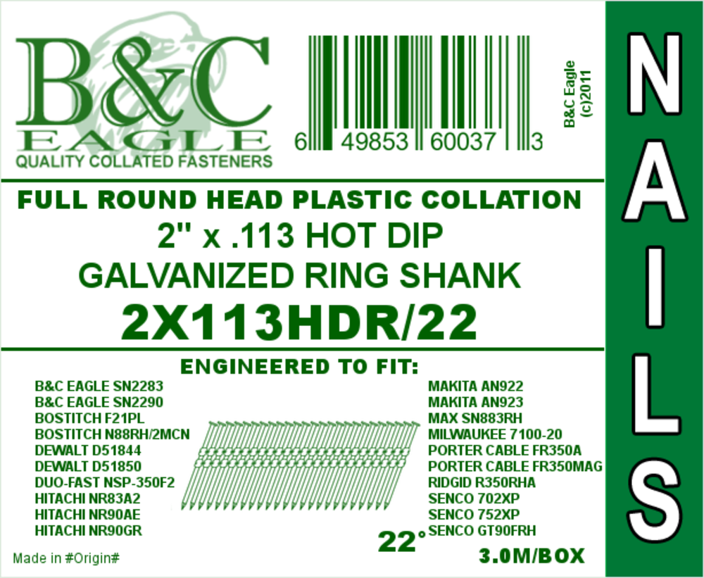B and C Eagle 2x.113 Round Head Plastic Collated Ring HDG Framing Nails 3000pc - Ascmtools