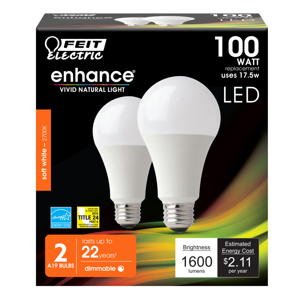 Feit Electric 100W A19 2700K Dimmable Enhance LED Bulb 2pk - Ascmtools