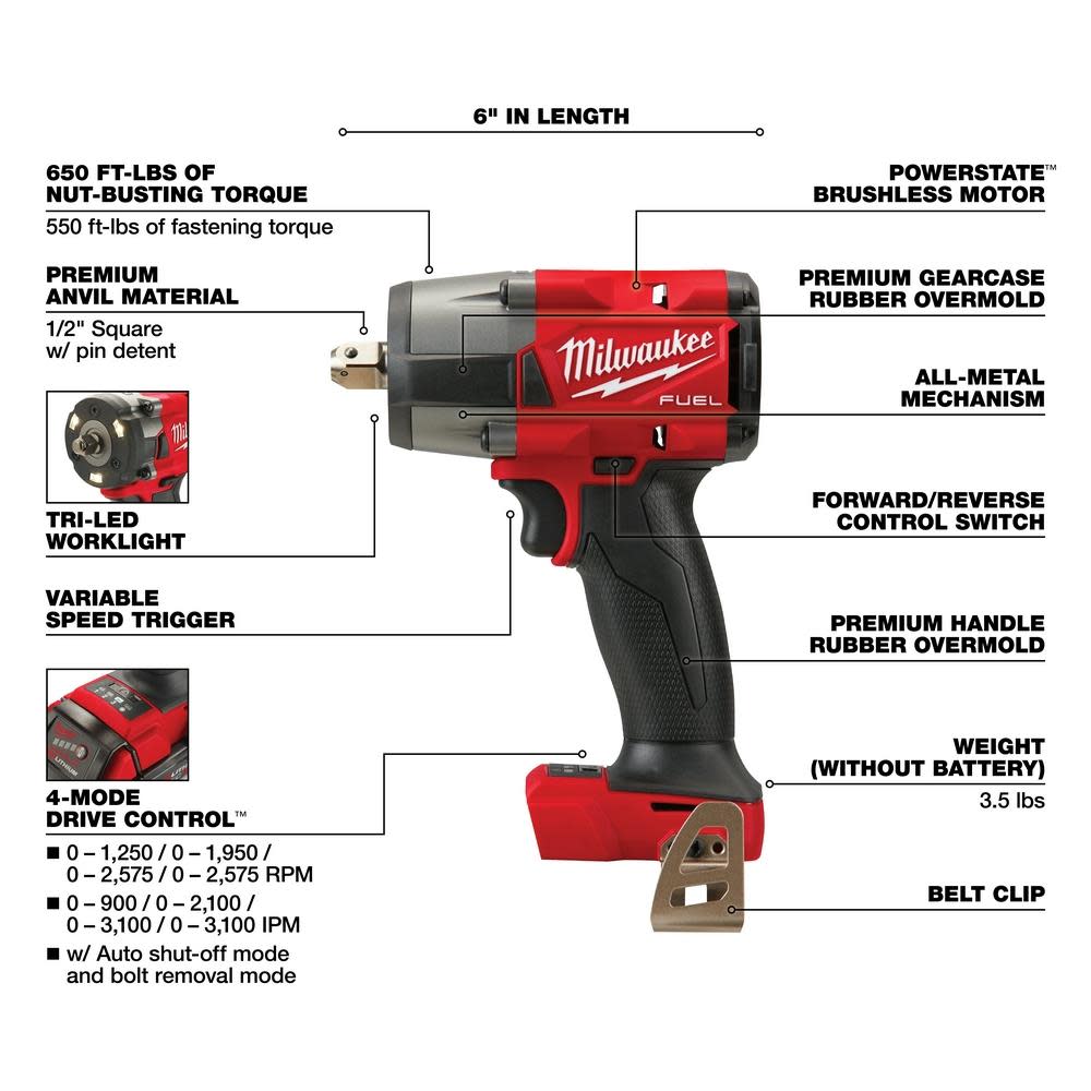 Milwaukee M18 FUEL 1/2″ Mid-Torque Impact Wrench with Pin Detent Kit - Ascmtools