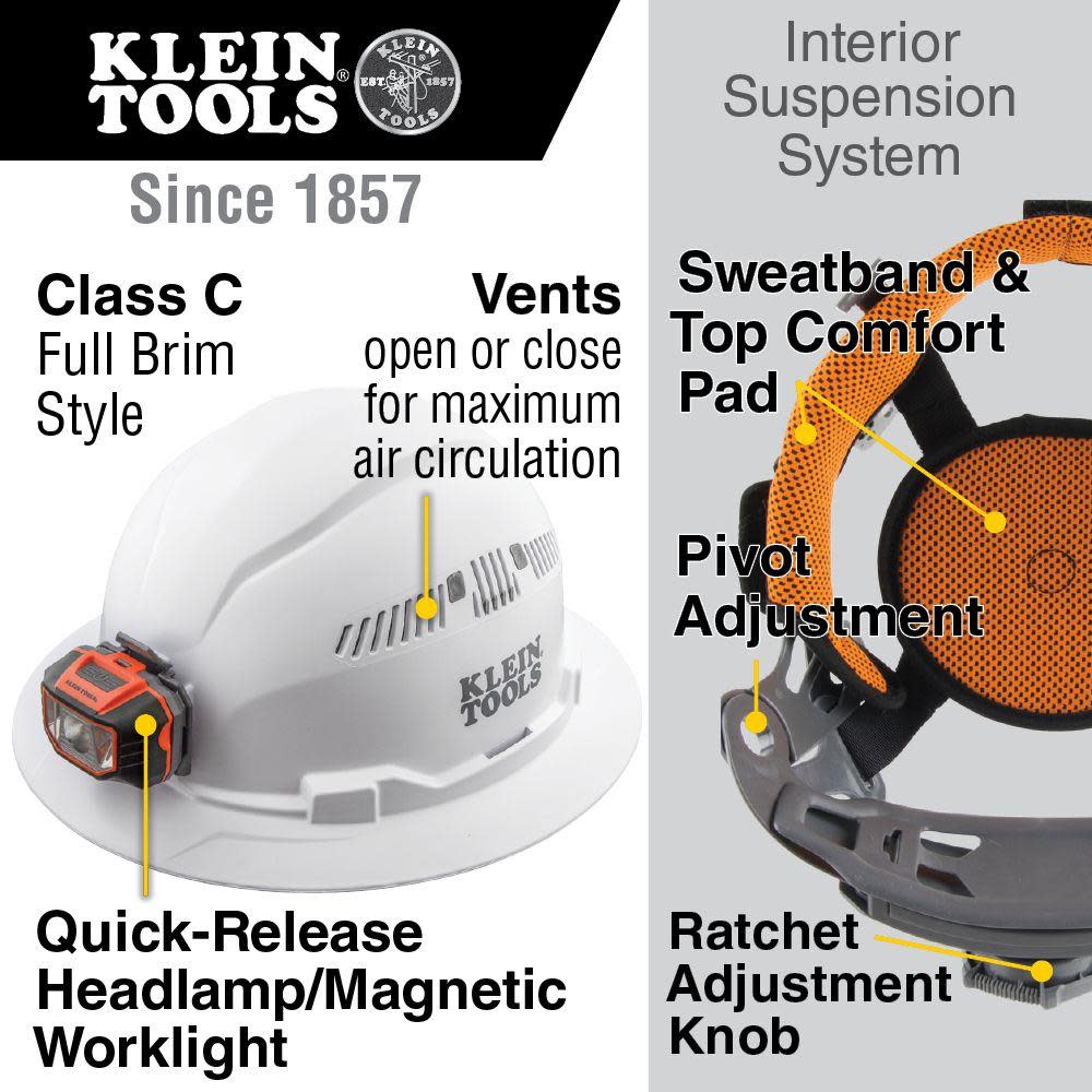 Klein Tools Hard Hat Vented Brim with Headlamp - Ascmtools