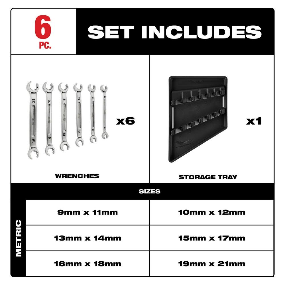 Milwaukee Wrench Set Double End Flare Nut Metric 6pc - Ascmtools