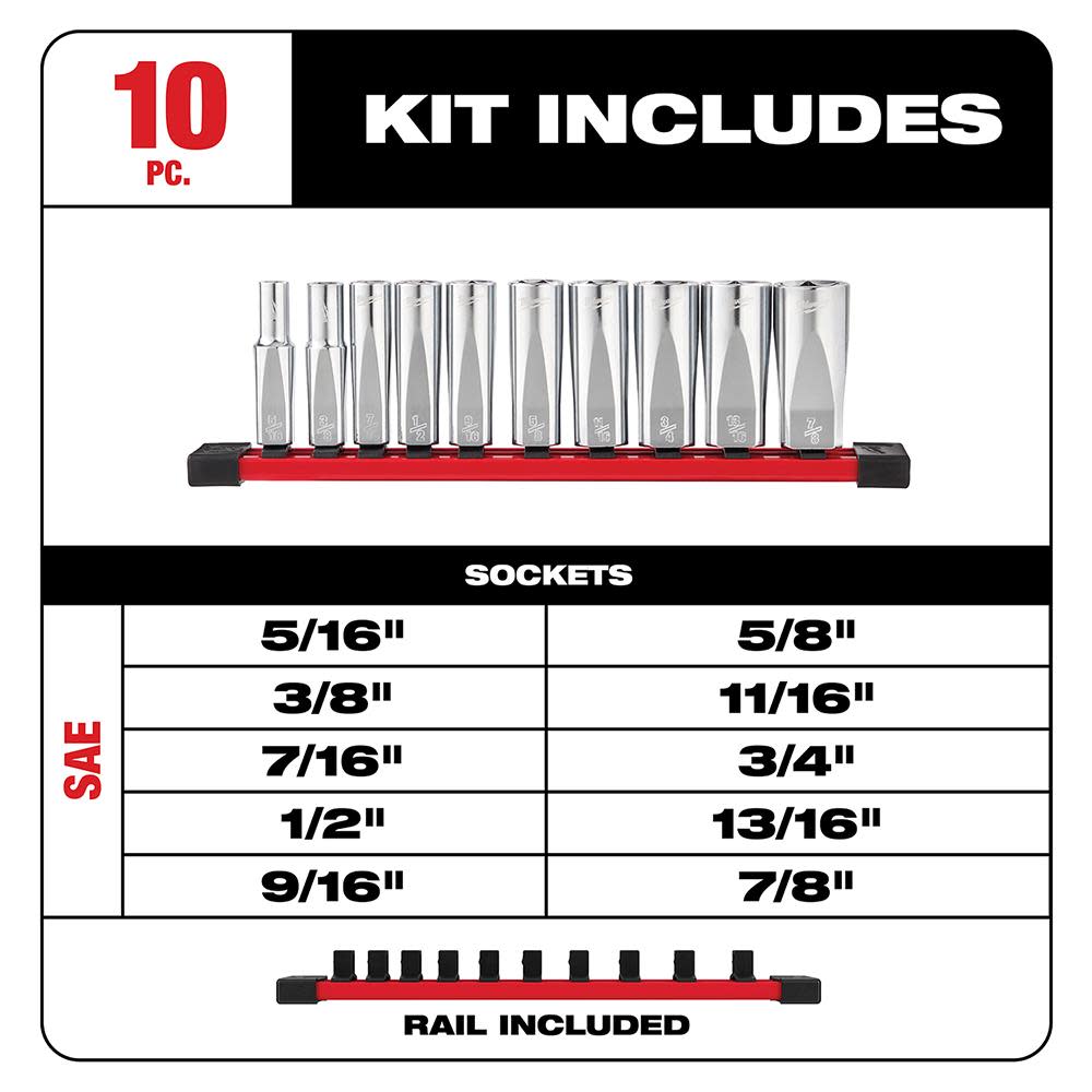Milwaukee 10pc 3/8 in. SAE Deep Well Sockets with FOUR FLAT Sides - Ascmtools