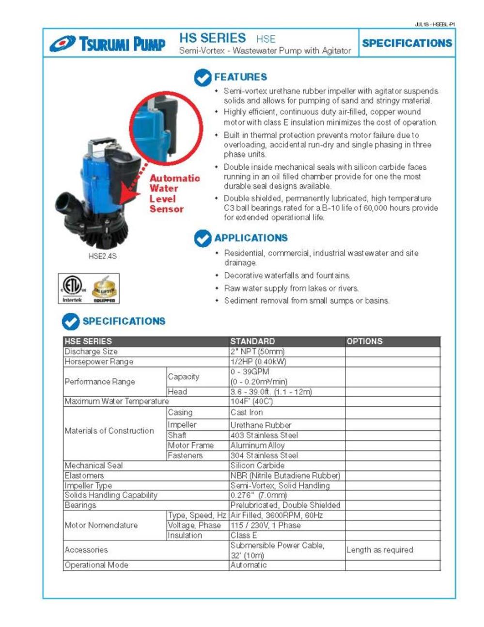 Tsurumi HSE2.4S Electric Submersible Pump - Ascmtools