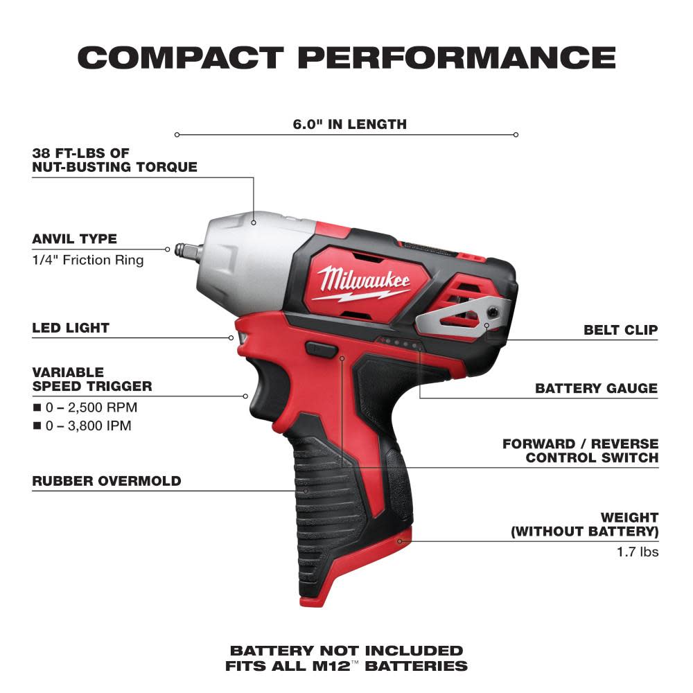 Milwaukee M12 1/4 In. Impact Wrench (Bare Tool) - Ascmtools
