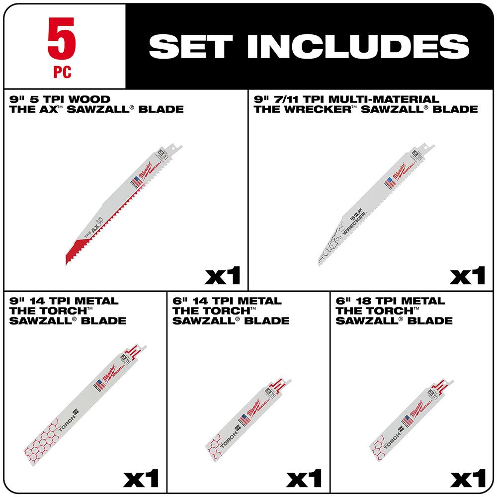 Milwaukee 5-Piece Demolition SAWZALL Blade Set - Ascmtools
