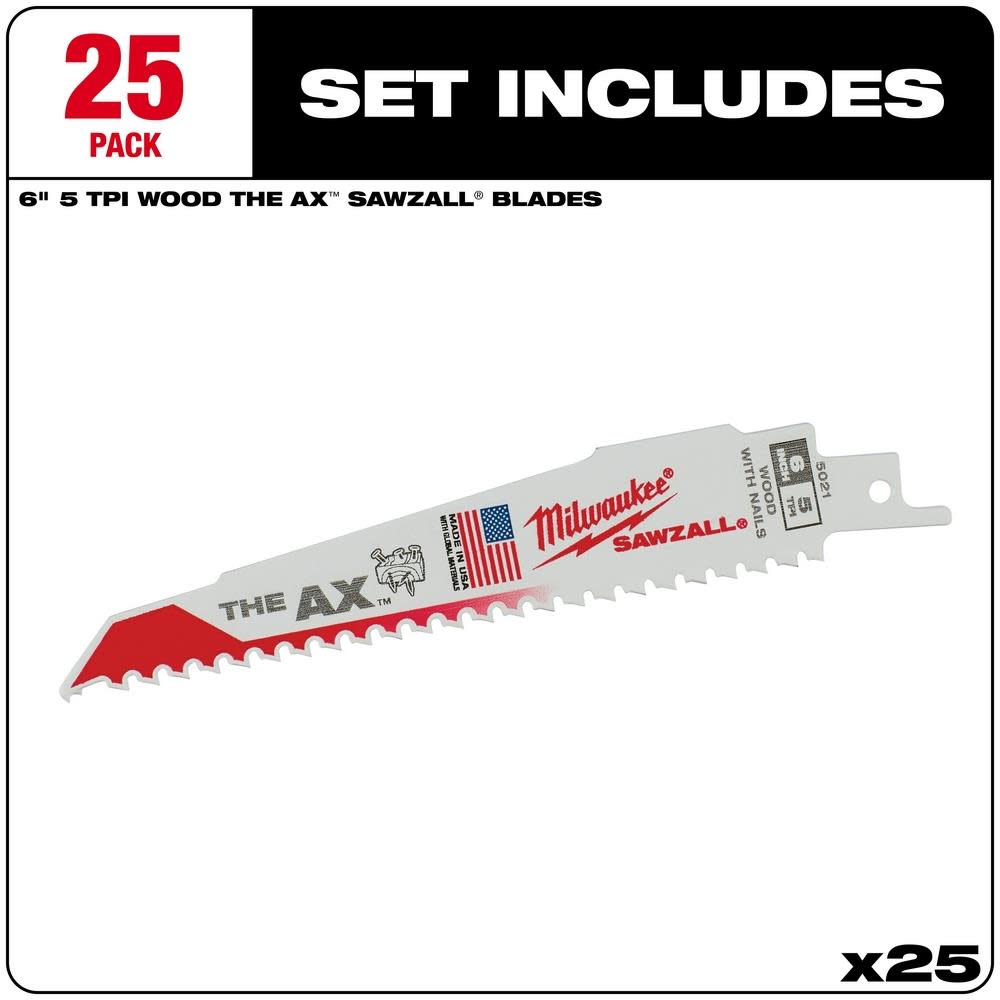 Milwaukee 6 in. 5 TPI The Ax SAWZALL Blade 25PK - Ascmtools
